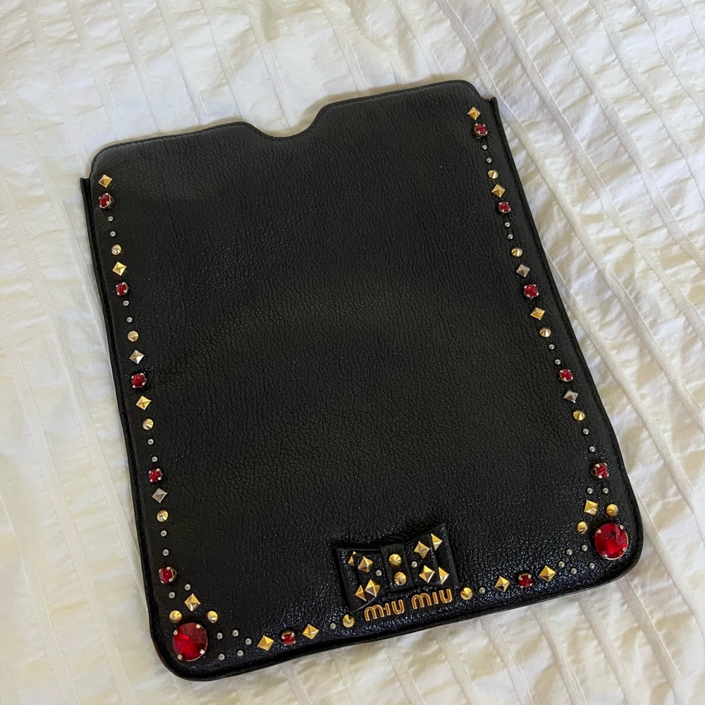 Miu Miu Black Leather Embellished iPad Case
